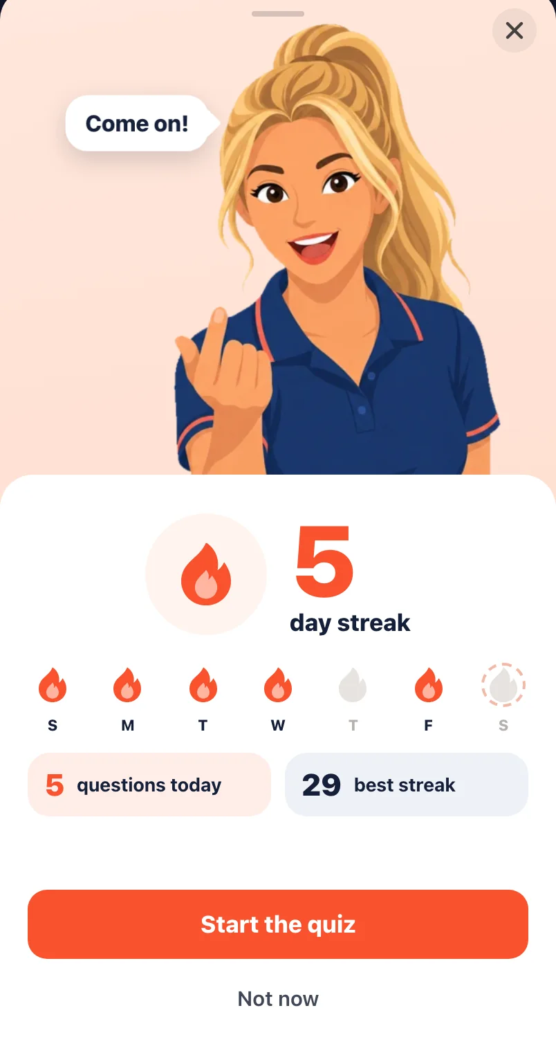 The streak card in Muster Mate, with the training coach cheering on today's questions