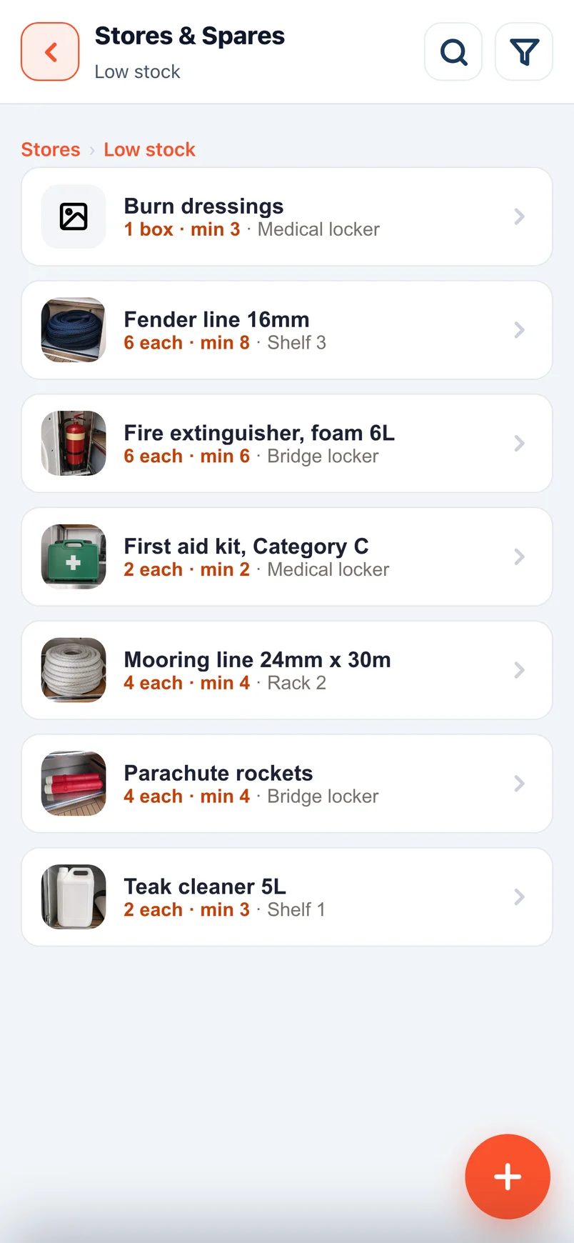 The low stock list in Muster Mate