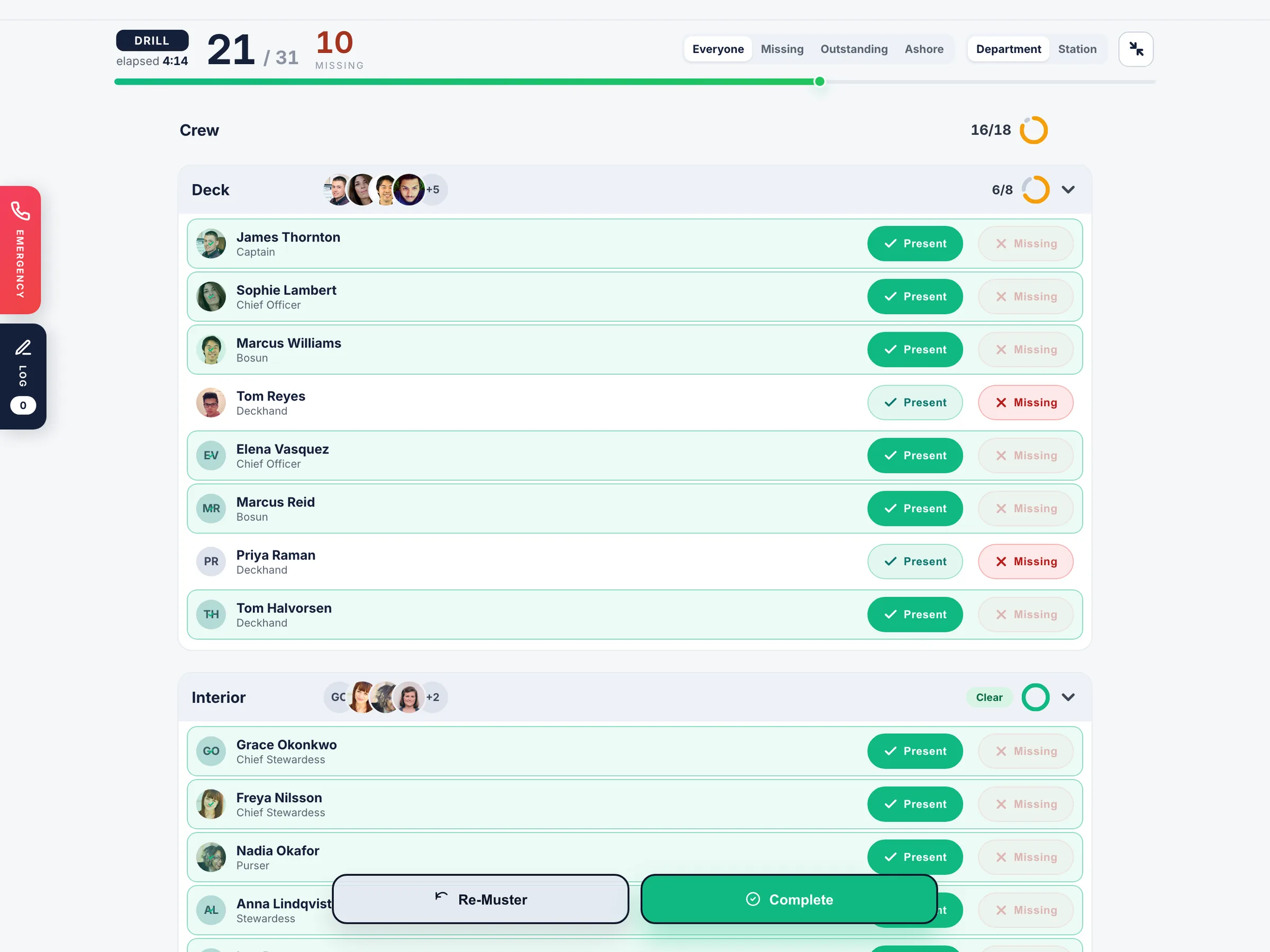 A drill running on the iPad: twenty-one of thirty-one accounted for and ten still missing, the crew grouped by department, and each one marked present or missing as they arrive.