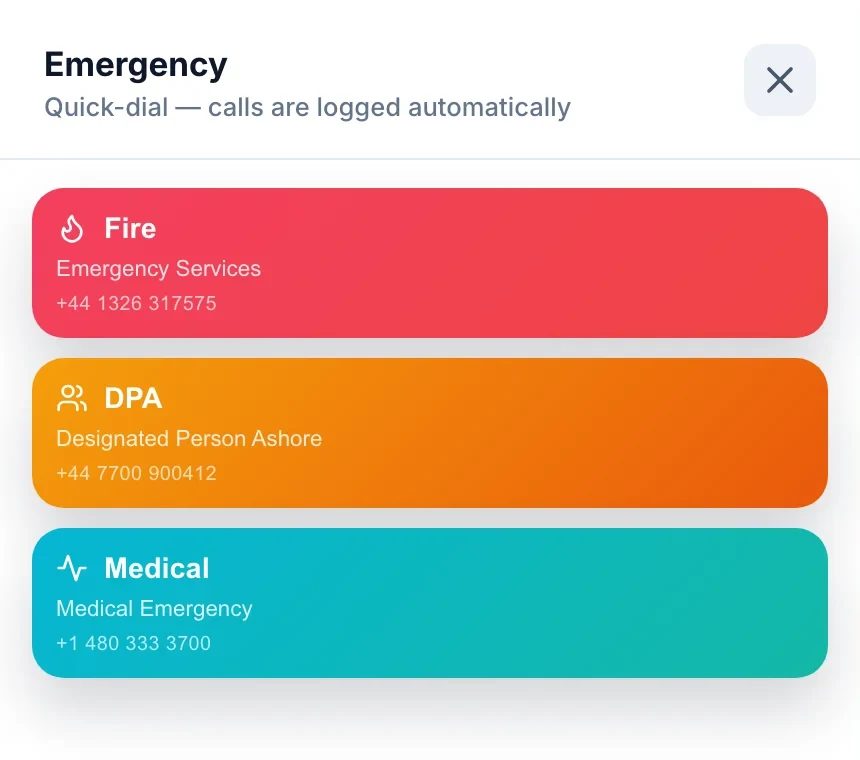 The emergency buttons on the iPad: Fire, DPA and Medical, each with its number