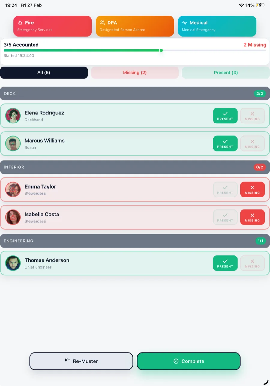 A muster in progress on the iPad: three of five accounted for and two missing, with Fire, DPA and Medical call buttons and crew grouped by department.