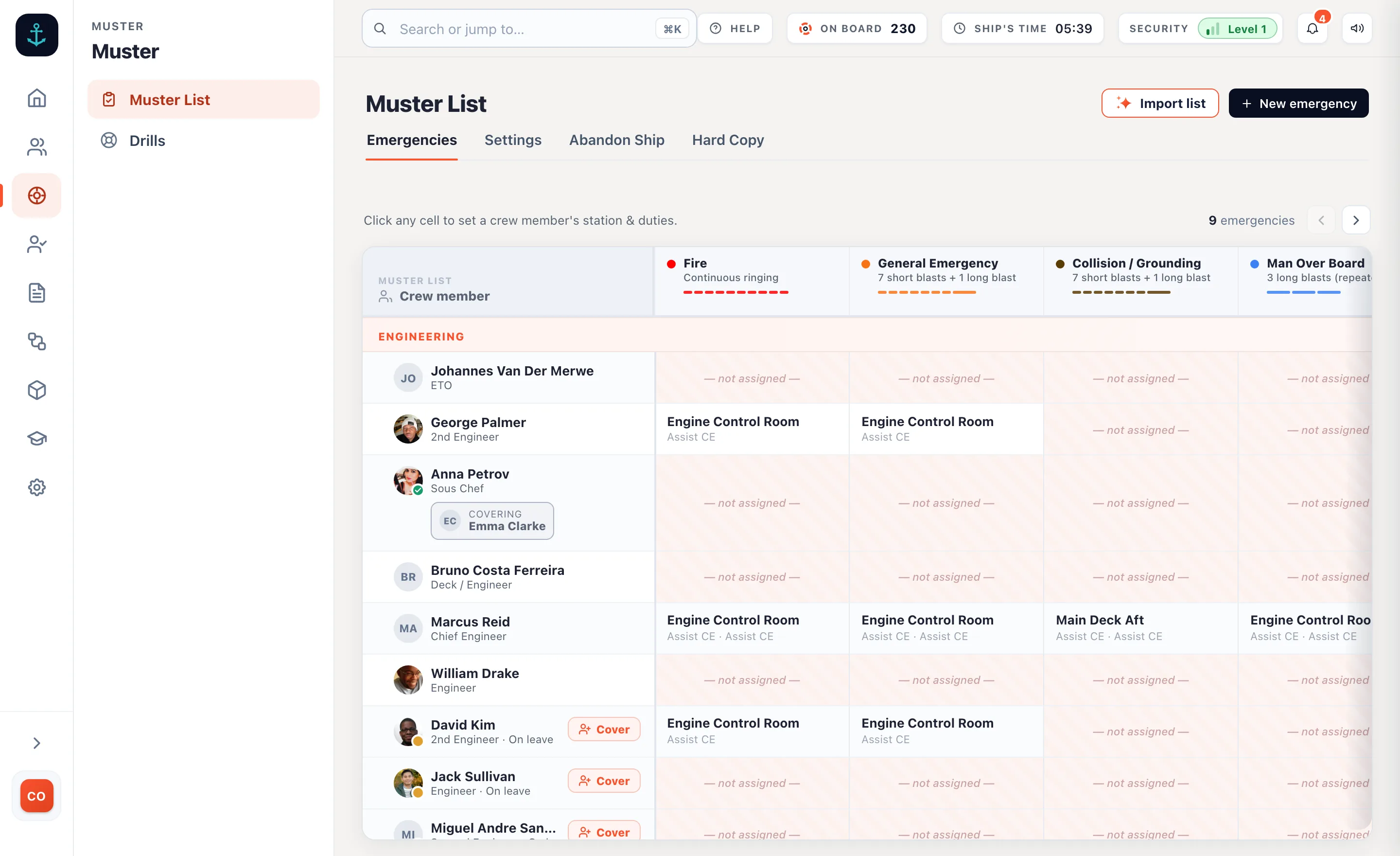 The admin muster list: every crew member with their station, role and equipment for each emergency type.