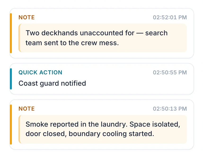 The drill's event log: a note, a quick action and another note, each with its time