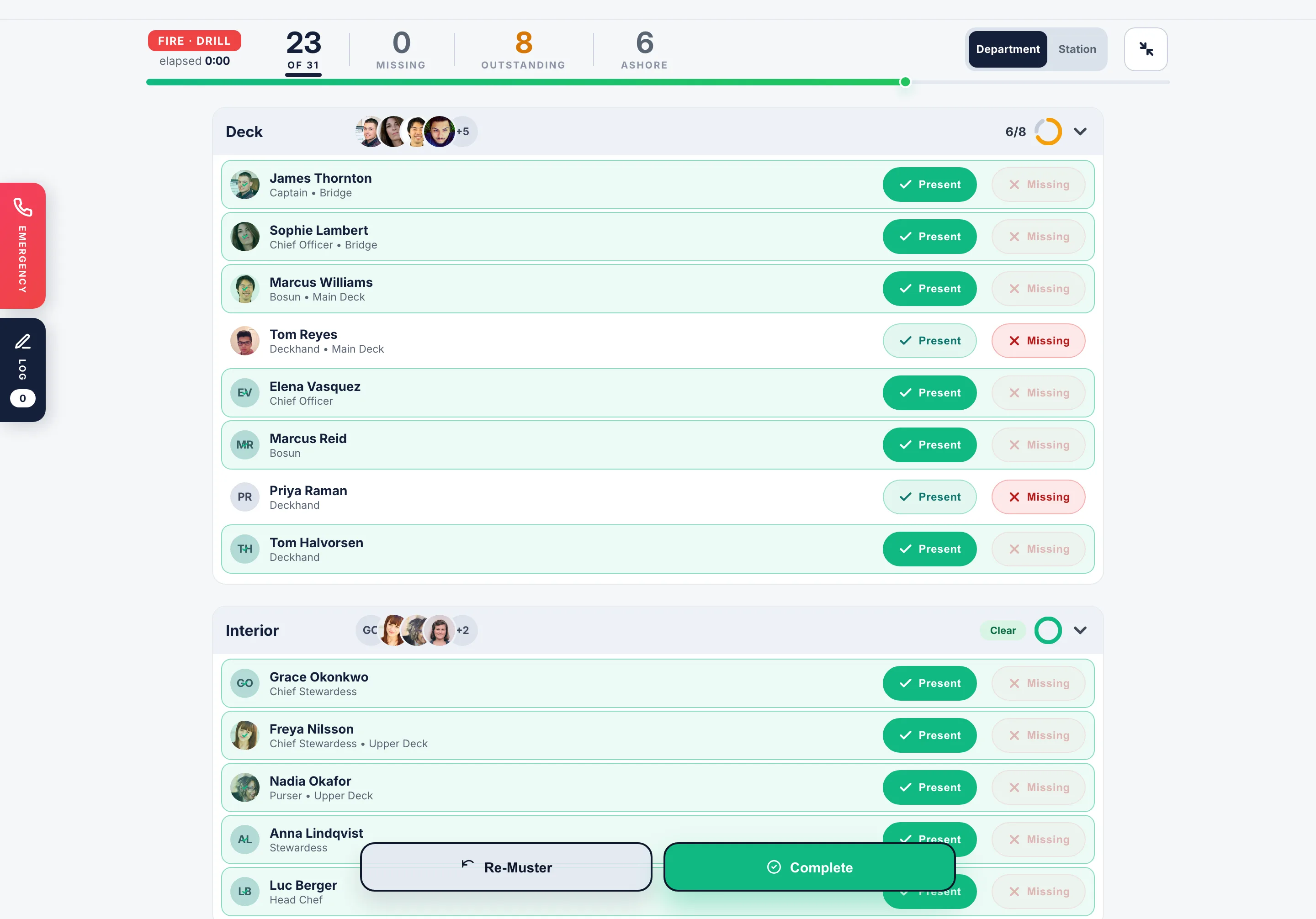 A fire drill running on the iPad: twenty-three of thirty-one accounted for, the crew banded by department with a headcount ring on each, and every person marked present or missing as they arrive.