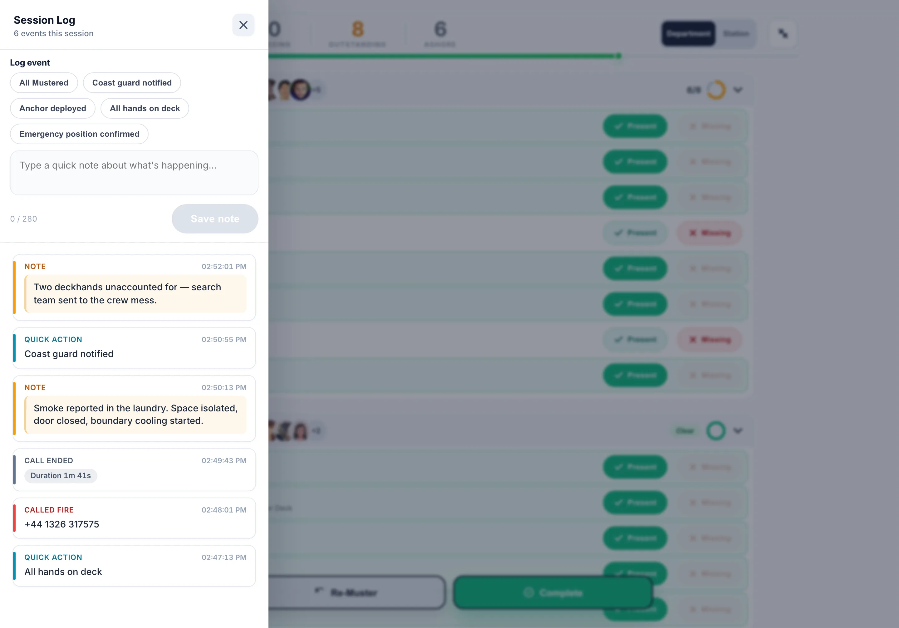 The Session Log panel open over a running muster: quick-action buttons, a box for a typed note, and a timeline showing the call placed to the fire service, its duration, and the notes logged since the alarm.