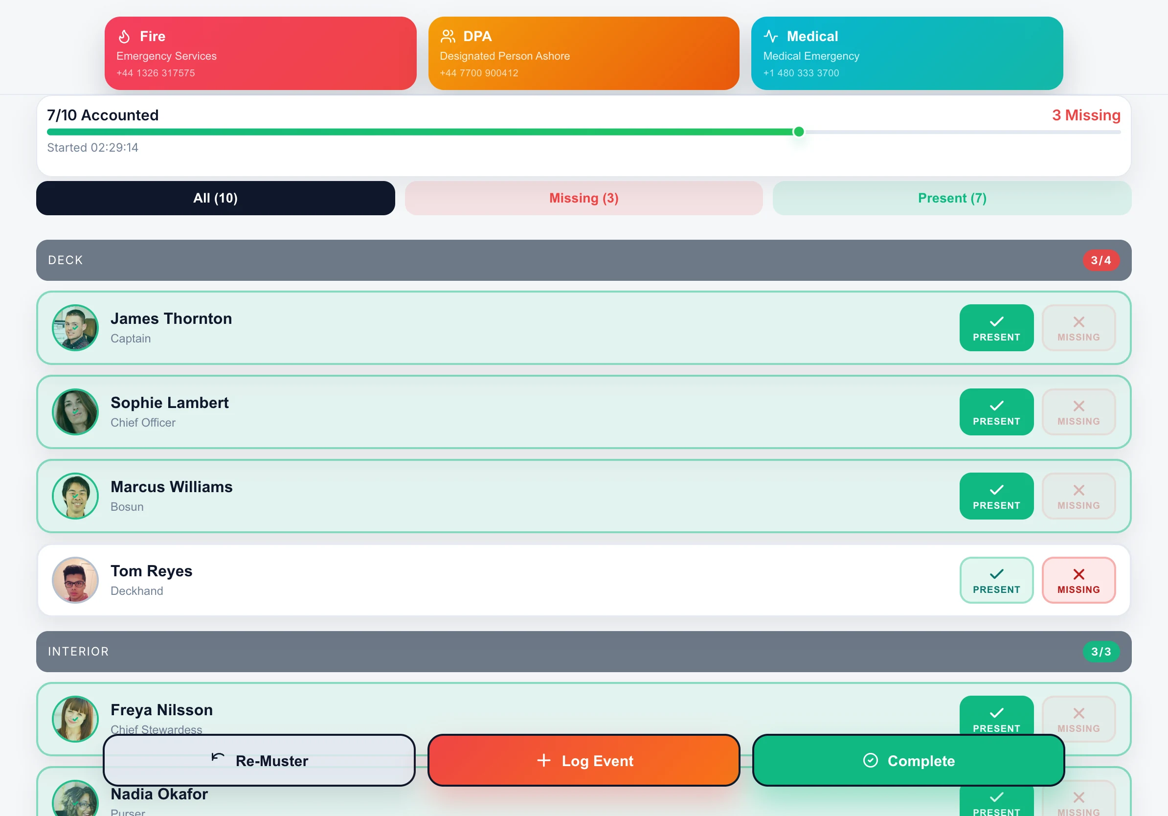 A muster session on the iPad: seven of ten accounted for with three missing, and crew listed by department with present and missing buttons.