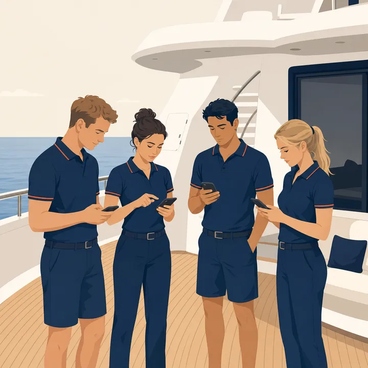 Crew on deck reading the same notice on their phones