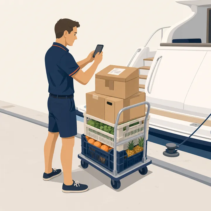 A crew member photographing a delivery label with his phone