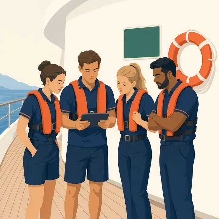 Crew in lifejackets at the muster station