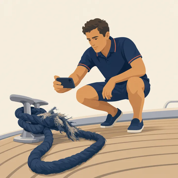A deckhand photographing a frayed line with his phone