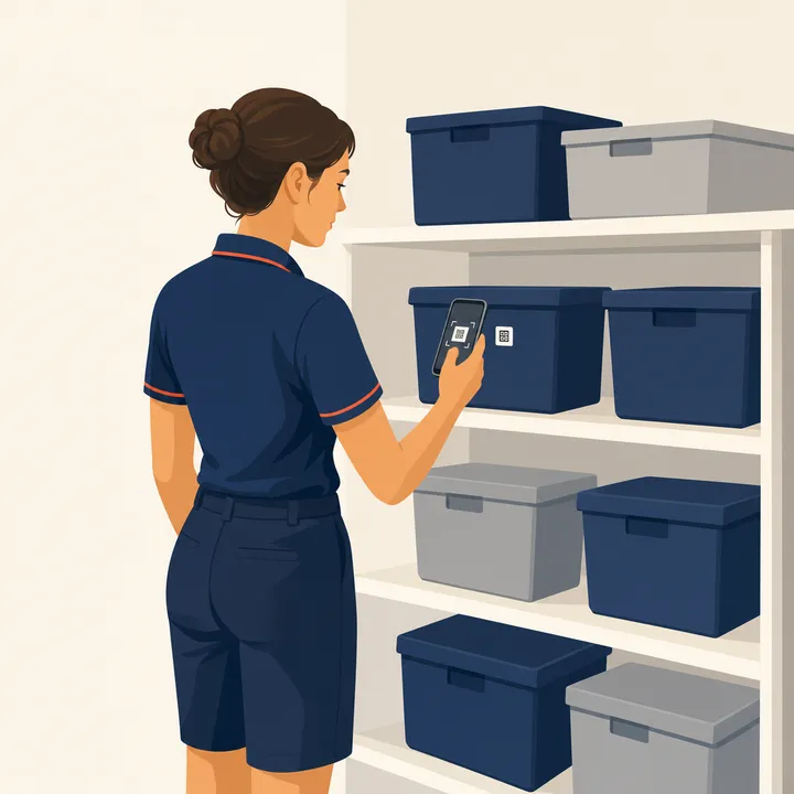 A crew member scanning a storage bin with her phone