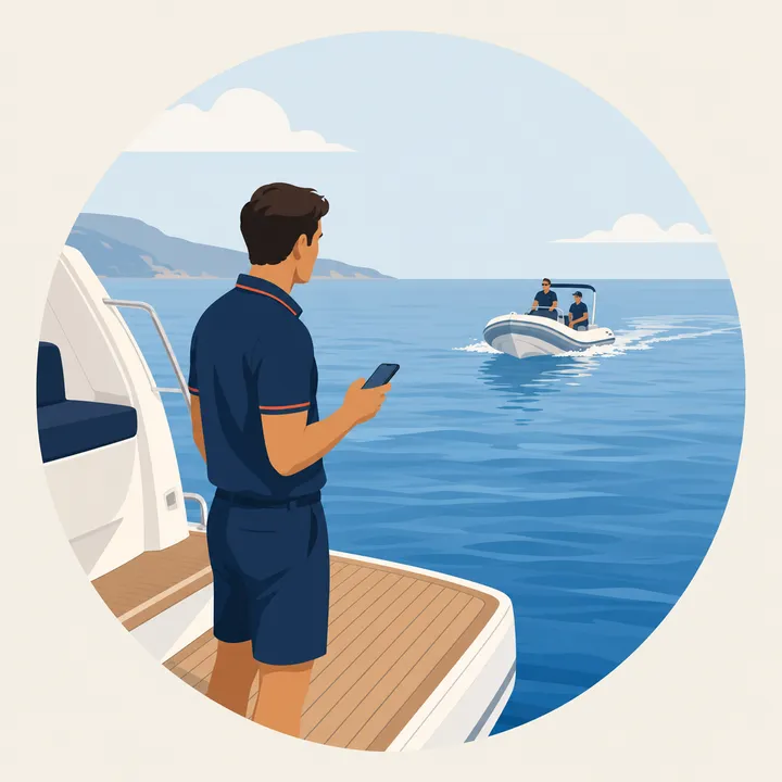 A crew member watching the tender come in, phone in hand