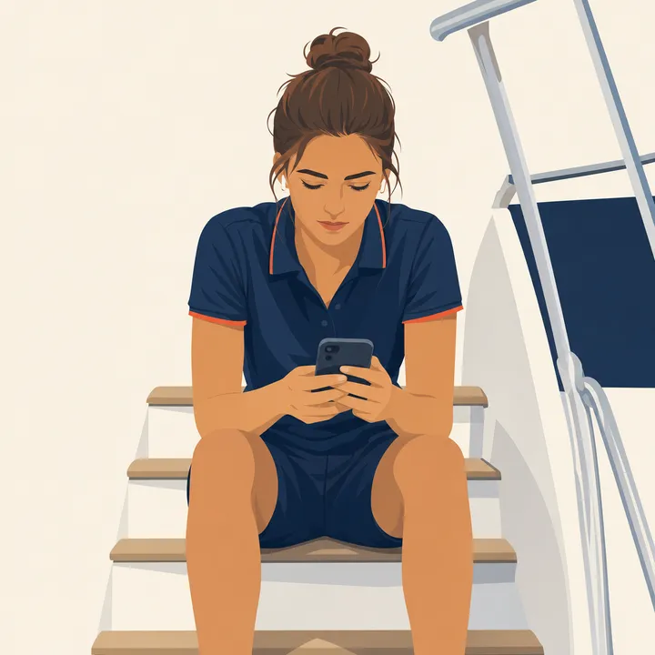 A crew member doing a training course on her phone