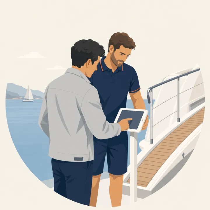 A visitor signing in on the iPad, a crew member beside them