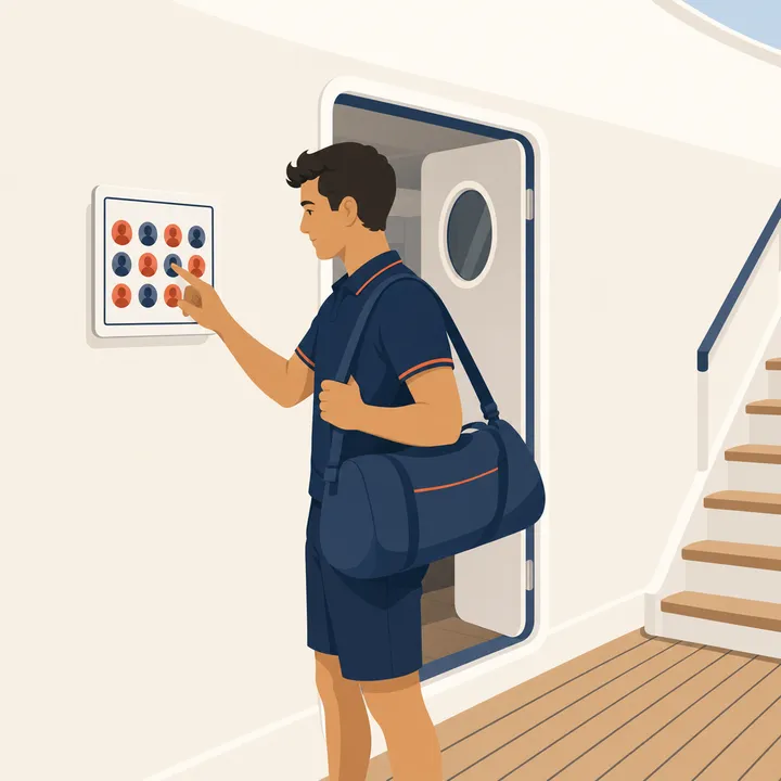 A deckhand tapping in on the iPad crew board by the crew entrance