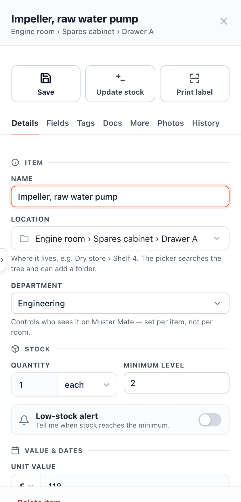 An item in the admin panel with its place on board: Engine room, Spares cabinet, Drawer A