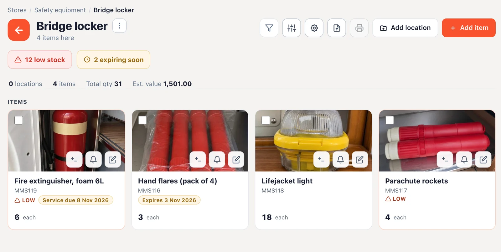 A bridge locker in the admin panel: flares, rockets, a fire extinguisher and lifejacket lights with photos, low stock and expiry dates