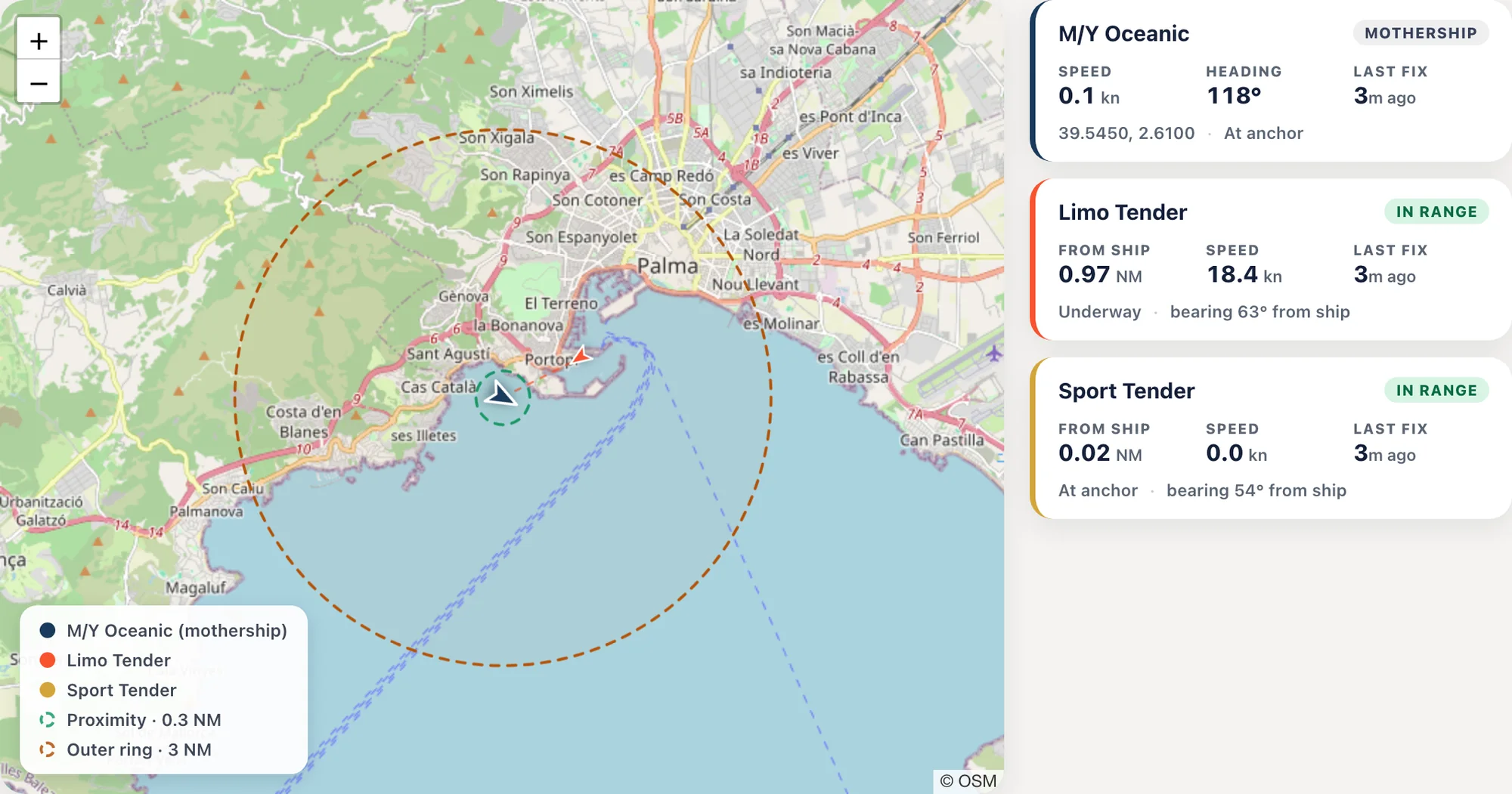 The tender tracker: the chart on the left with both rings, and cards on the right showing each vessel&rsquo;s speed, heading, distance from the ship and how long ago it was last seen.