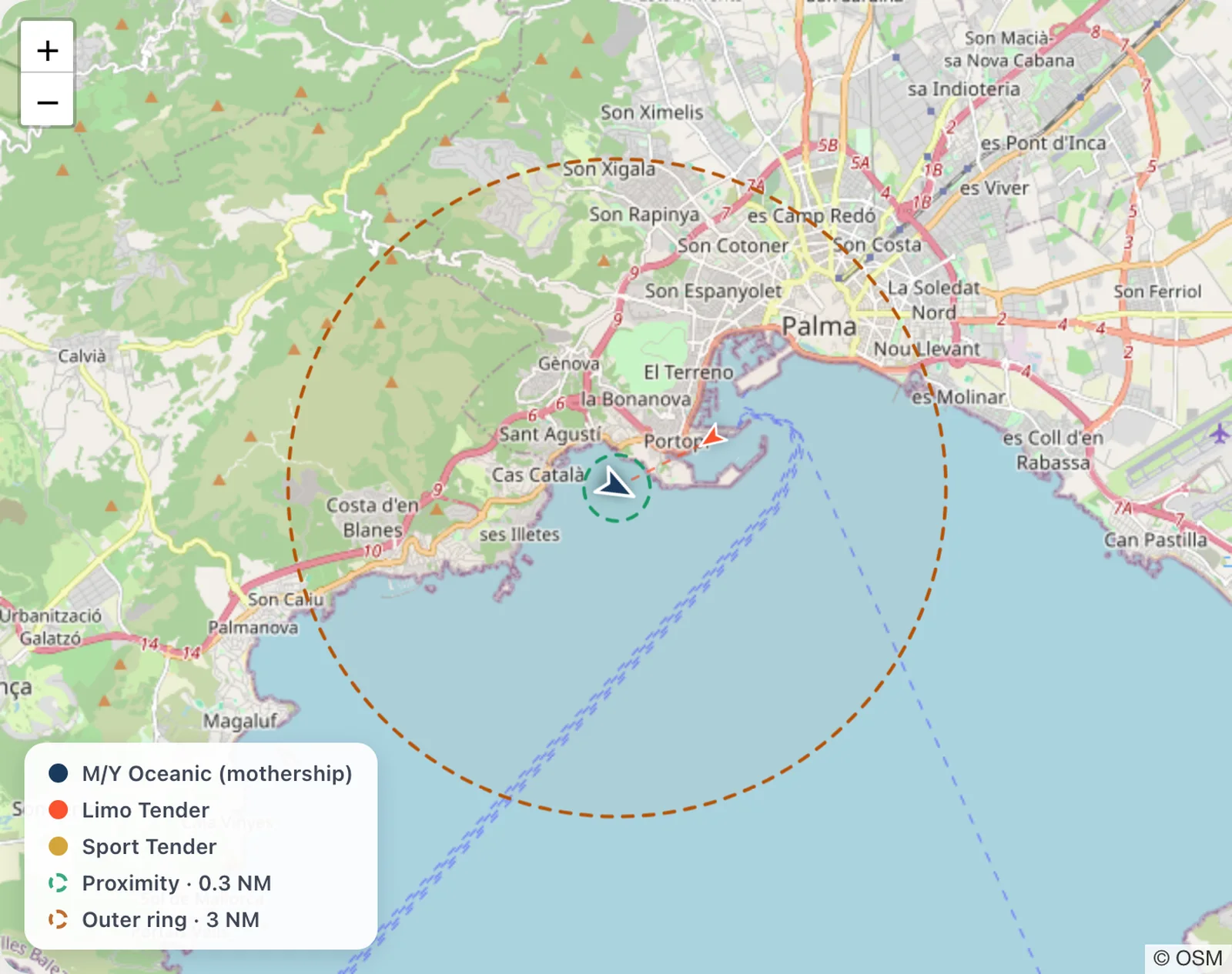 The tender tracker chart: the mothership at anchor with a proximity ring and an outer ring drawn around it, a limo tender under way just under a nautical mile out, and a sport tender alongside.