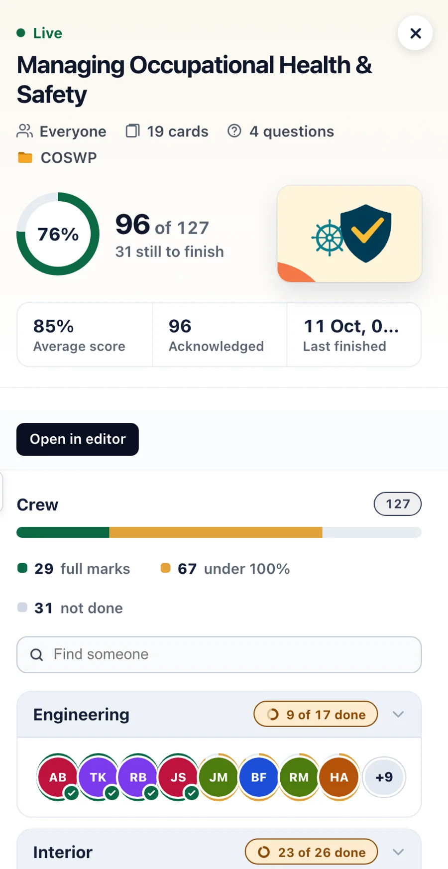 A course's results: crew completion, average score and each department's crew