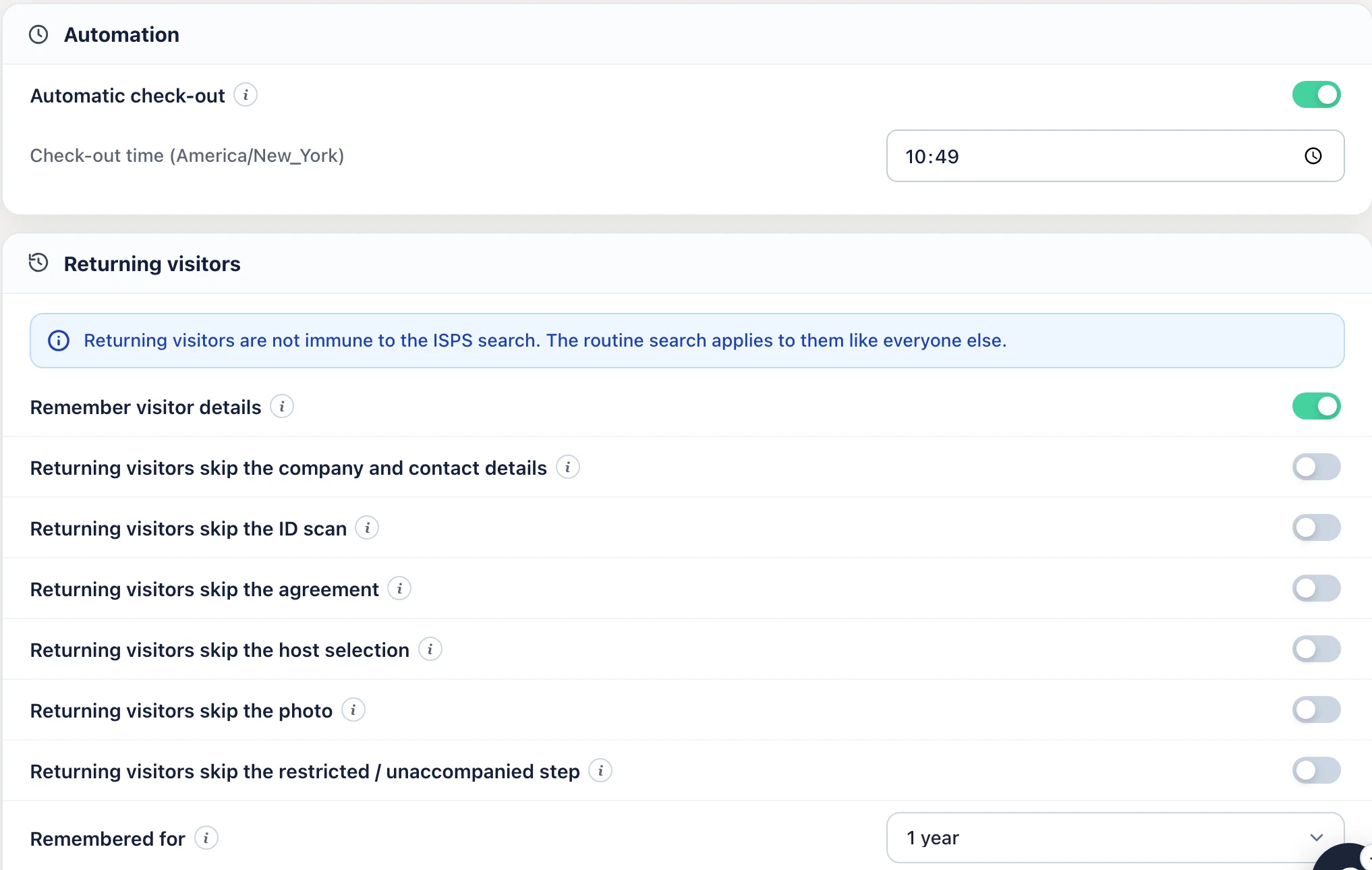 Visitor settings in the admin: automatic check-out and what returning visitors can skip.