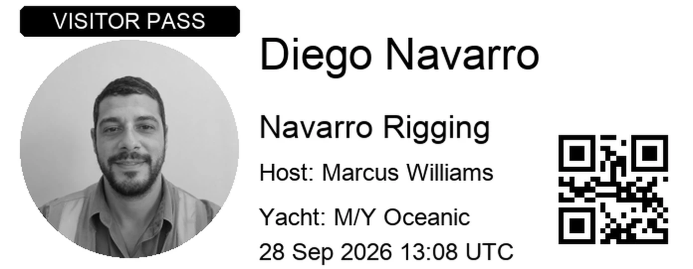 A printed visitor pass for a contractor: his photo, name, company, host, the yacht and a QR code