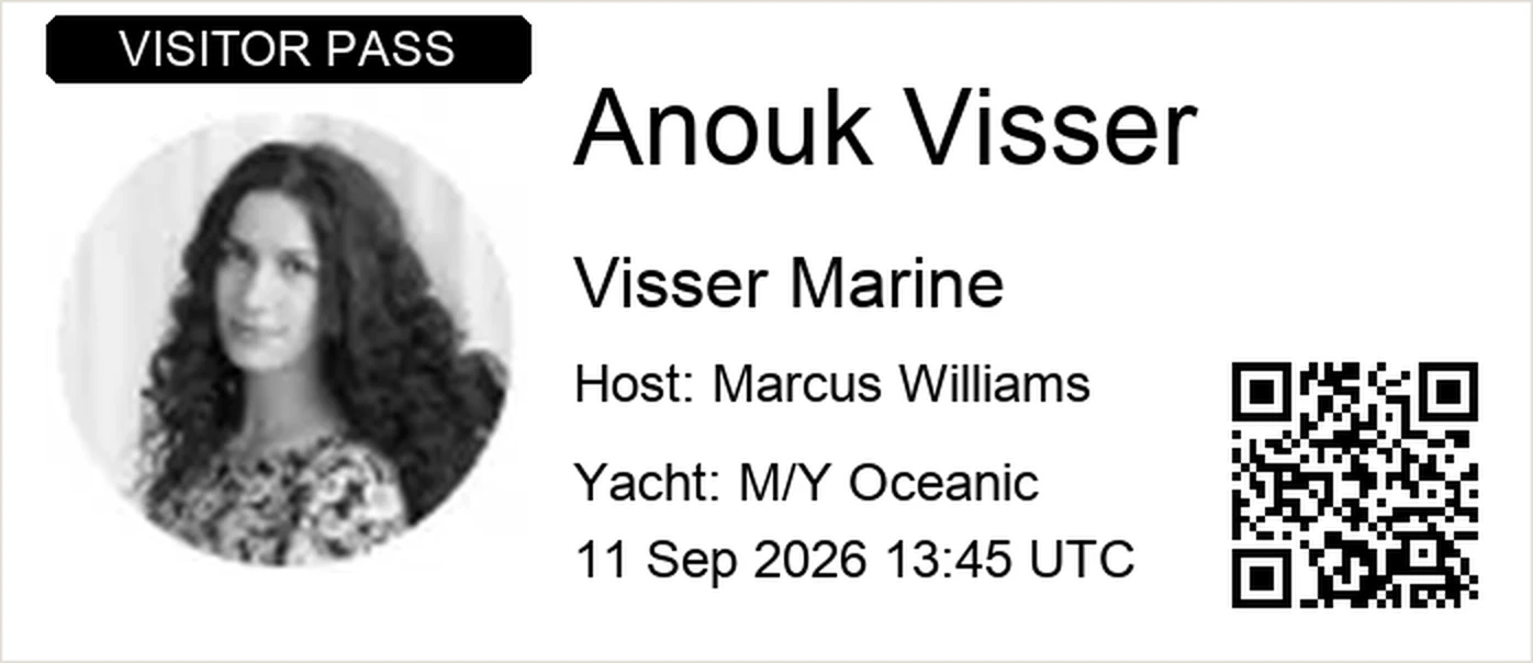 The printed visitor pass label: photo, name, company, host, the vessel, the date and the pass QR code.