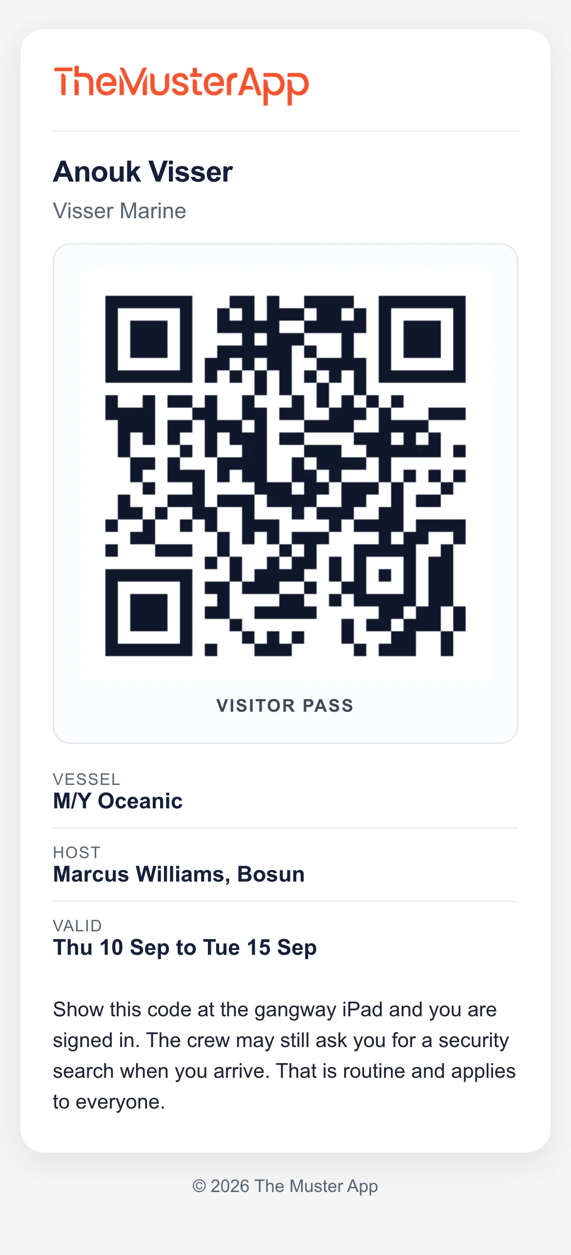 A visitor pass on a phone: the QR code, the vessel, the host and the days it is valid.