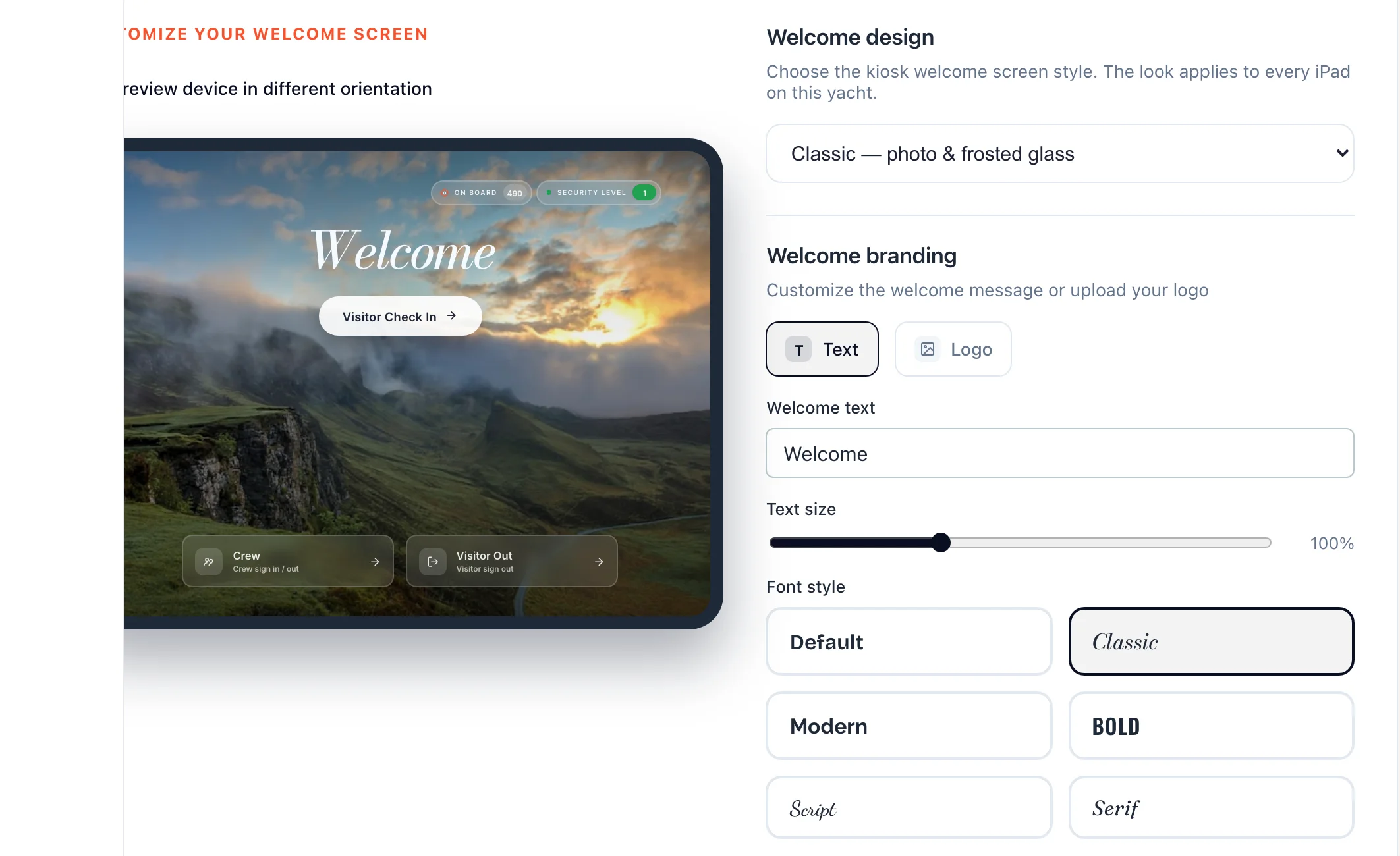 The welcome screen builder in the admin with a live preview of the iPad.
