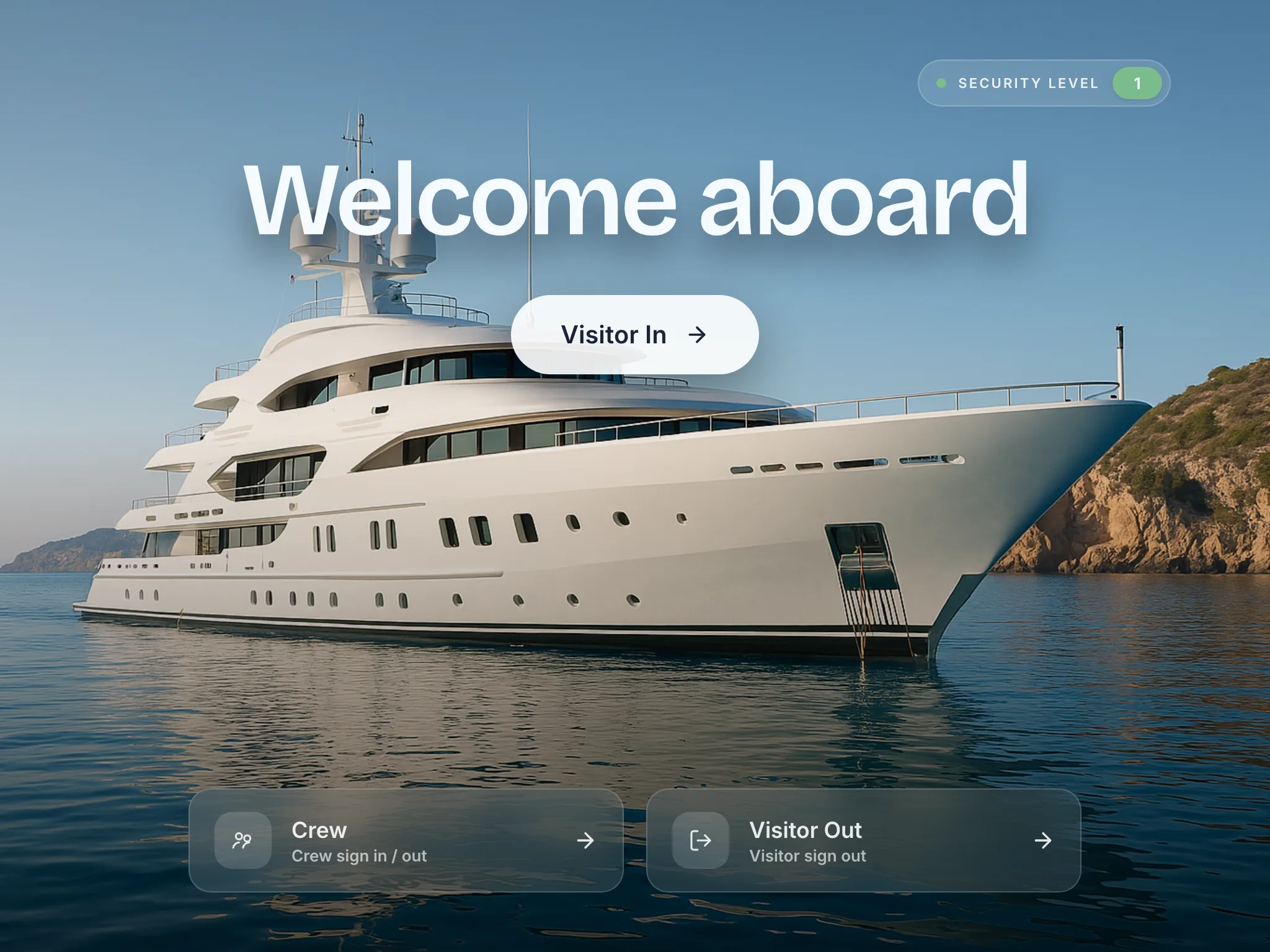The iPad welcome screen at the gangway, with buttons for Visitor In and Visitor Out and the vessel's security level shown in the top corner.