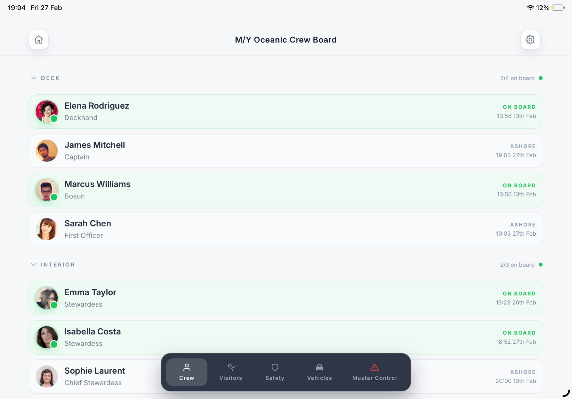 TheMusterApp Crew Board on iPad — Real-time crew management dashboard