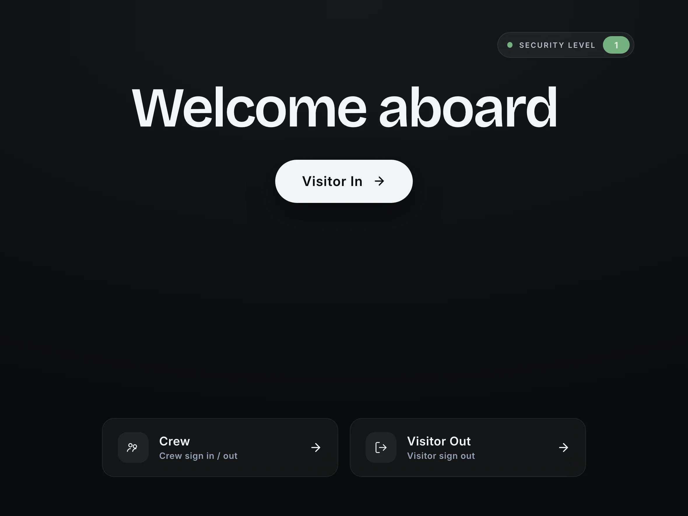 The welcome screen a visitor meets on the iPad: Visitor In, Crew, Visitor Out, and the vessel's security level